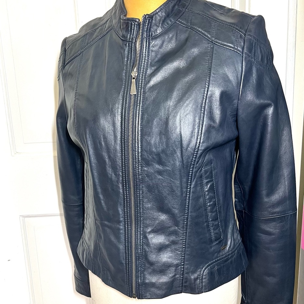 Women's Navy Slate Blue Leather Jacket cropped Large NWOT